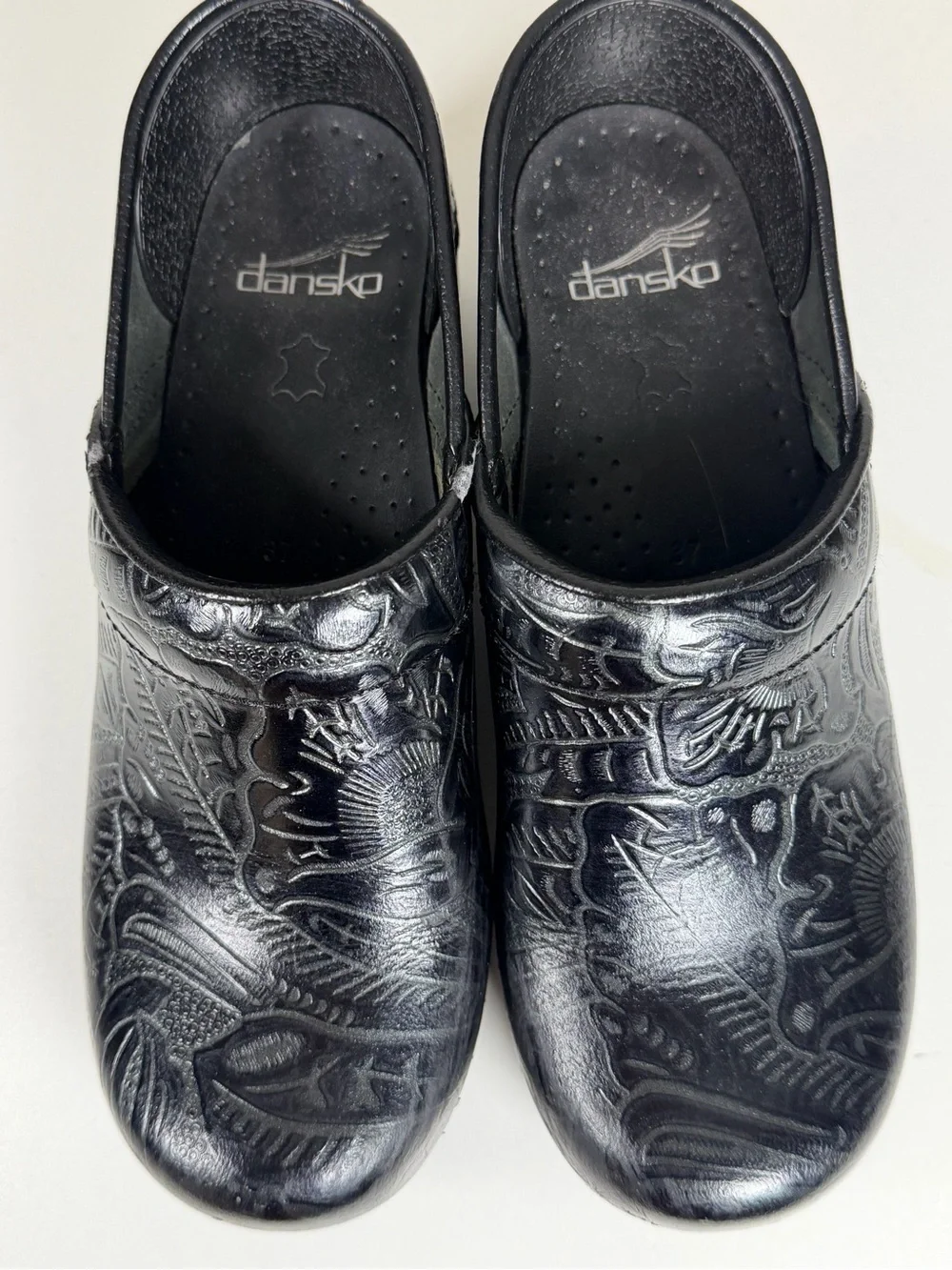 Dansko Black Embossed Leather Slip-On Clogs size 37